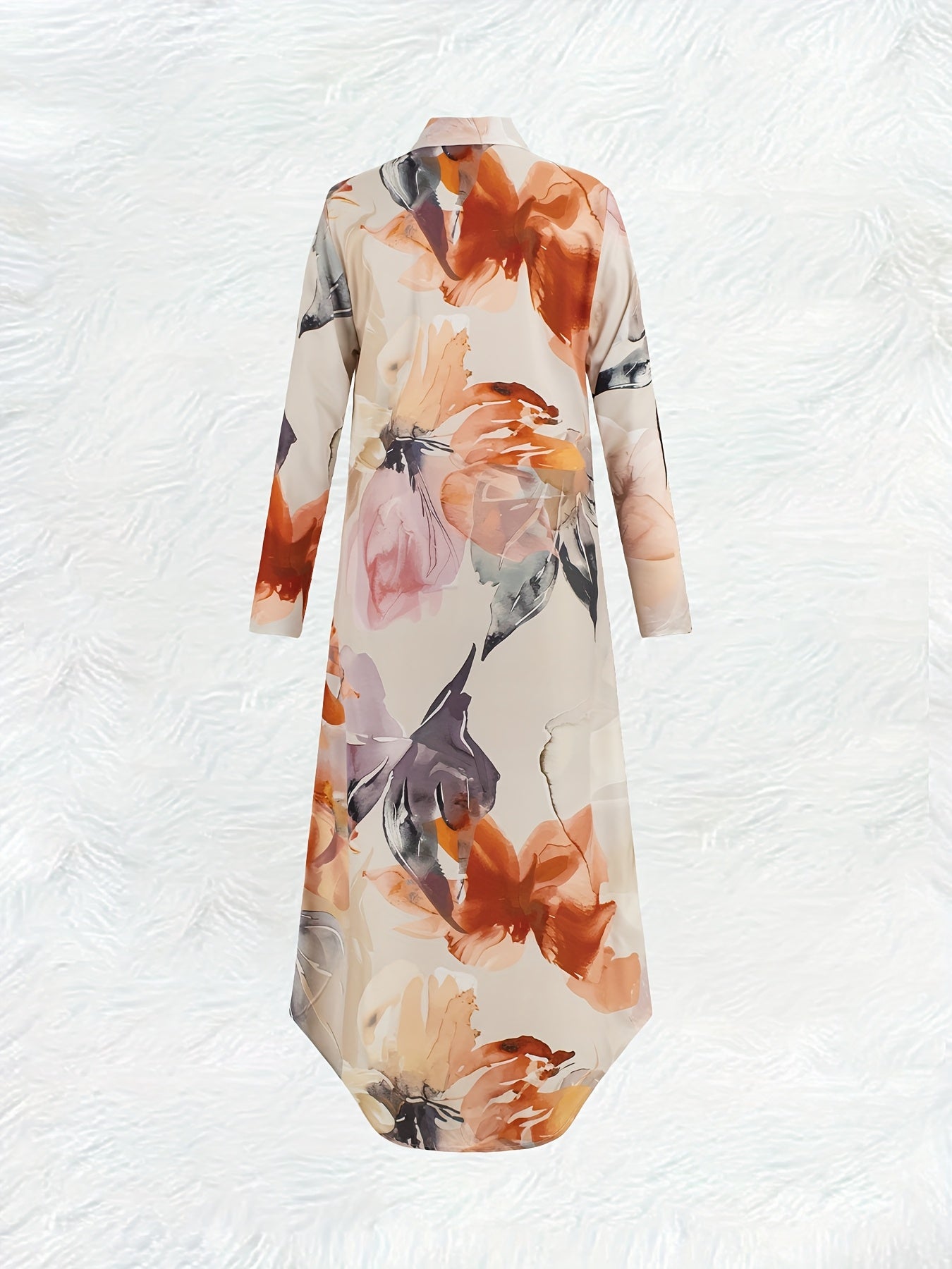 YZH-FLL Women'S Floral Print Long Sleeve Dress - Casual Polyester Shirting with Lapel Collar and Button Details, Woven Plant Pattern for Spring/Fall