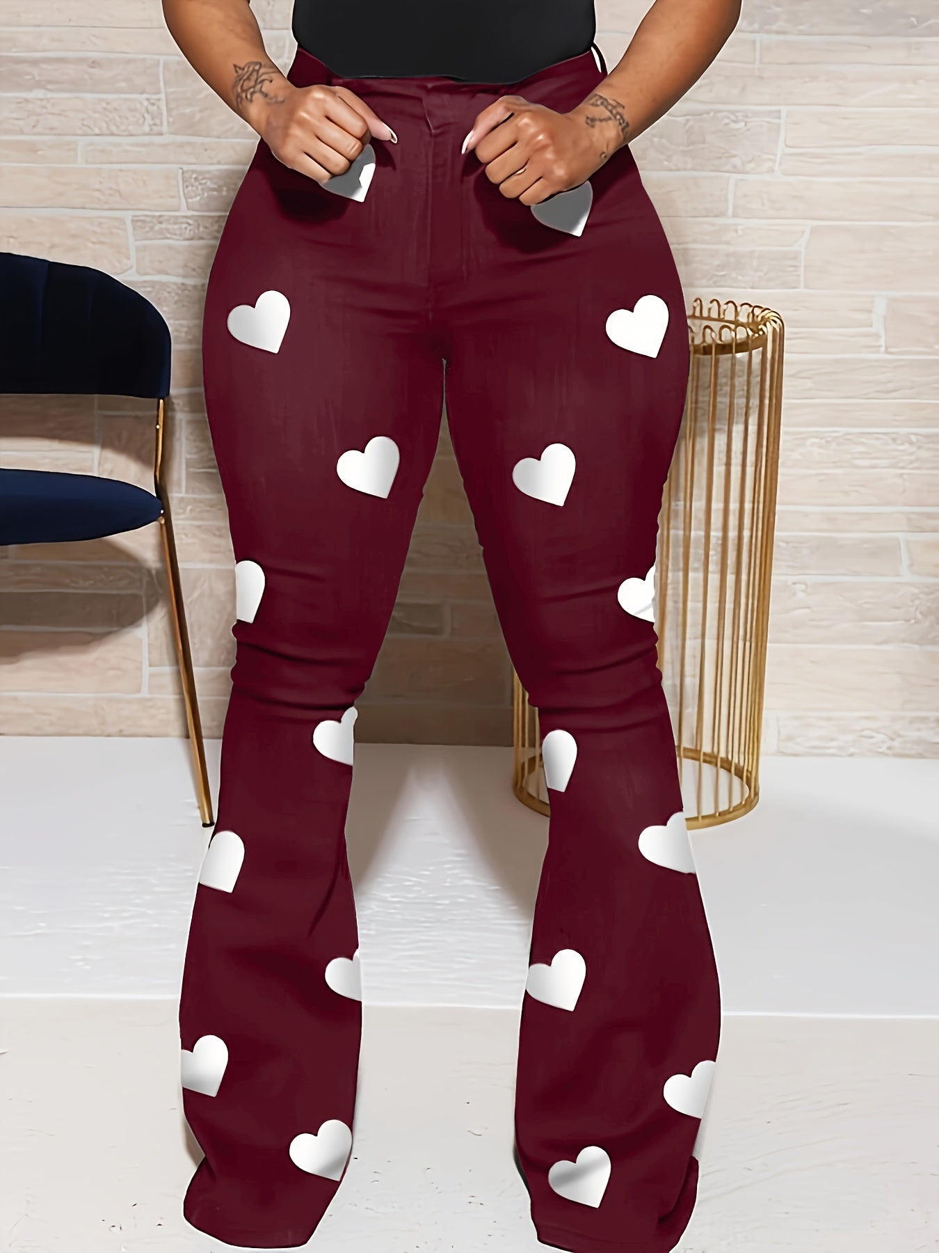 Stylish Heart Print Flare Leg Pants - High Waist, Casual, Versatile, Comfortable, and Chic Womens Clothing for Spring and Summer - Perfect for Daily Wear, Outdoor Activities, and Travel