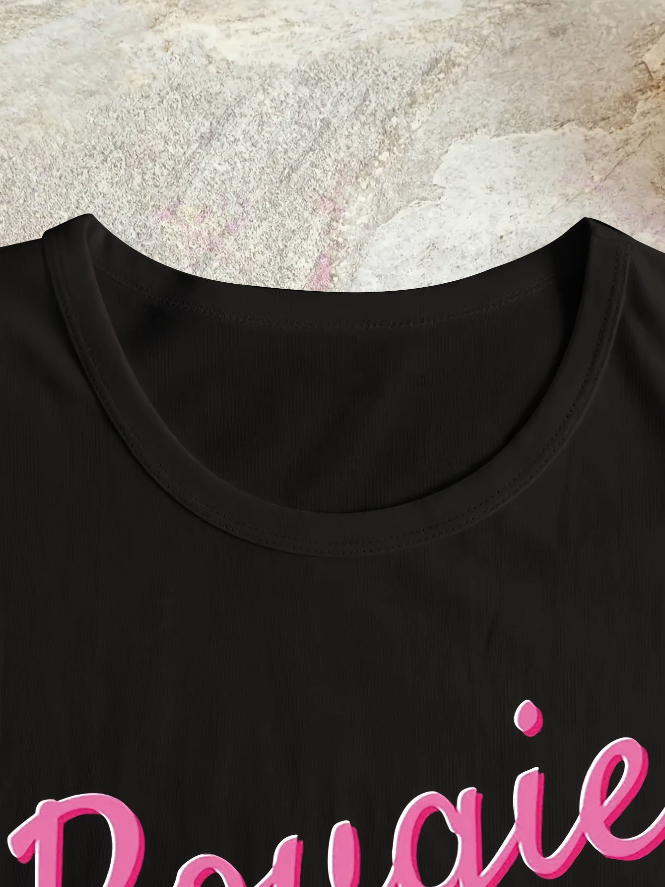 Women'S "Bougie with a Little Bit of Hood" Letter Print T-Shirt, Casual Crew Neck Short Sleeve Top, Polyester 95% Spandex 5% Knit Fabric, Spring/Summer Fashion, Applique Detail