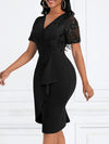 Women'S Elegant Black V-Neck Bodycon Dress with Floral Lace Detail - Short Sleeve, Ruched Waist, Stretch Polyester for All Seasons, Formal Evening Wear | Vneck Dress | Glossy Textur