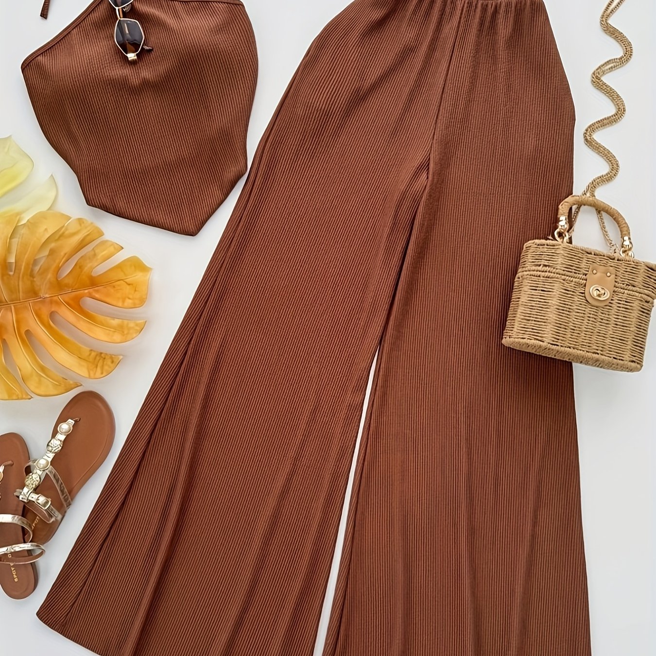 Summer Design Off-Shoulder Crop Top + Elastic Waist Flare Pants Set