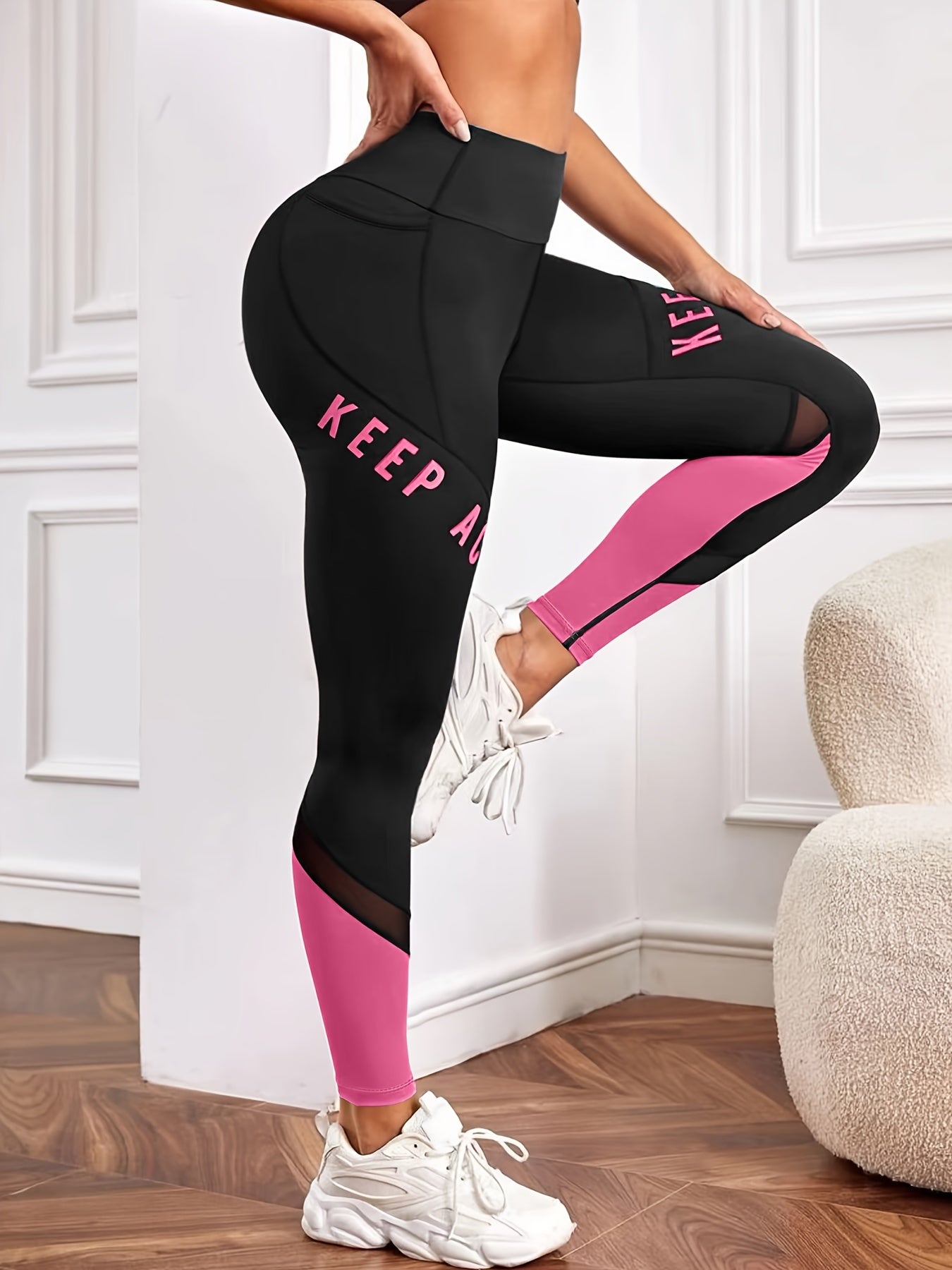 Casual Women'S Color-Blocked Mesh Patchwork Letter Print Pocket Comfortable Elastic Waist Versatile Tight Yoga Leggings.