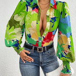 Floral Print Button Front Shirt, Vacation Long Lantern Sleeve Blouse For Spring & Fall, Women's Clothing