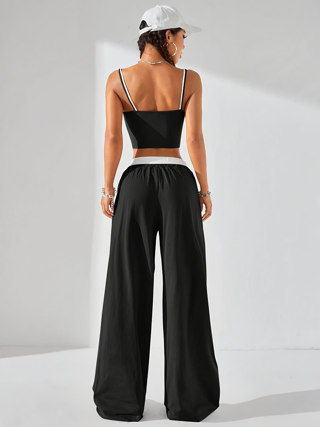 Chic Spring/Summer Two-in-one Contrast Color Cami Top with Color Block Wide-Leg Pants for Women - Polyester, Drawstring, Elegant Urban Style