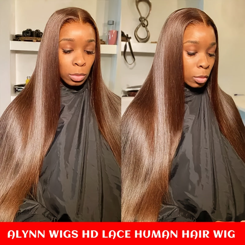 Spring 255% Straight Human Hair Full HD Lace T Part Straight Lace Frontal Wig Chocolate Brown Brazilian Hair #4 Dark Brown 13X6X1 Transparent Lace Front Wig Natural Hairline 13X6 T Part Wig with Baby Hair for Women Daily Wear