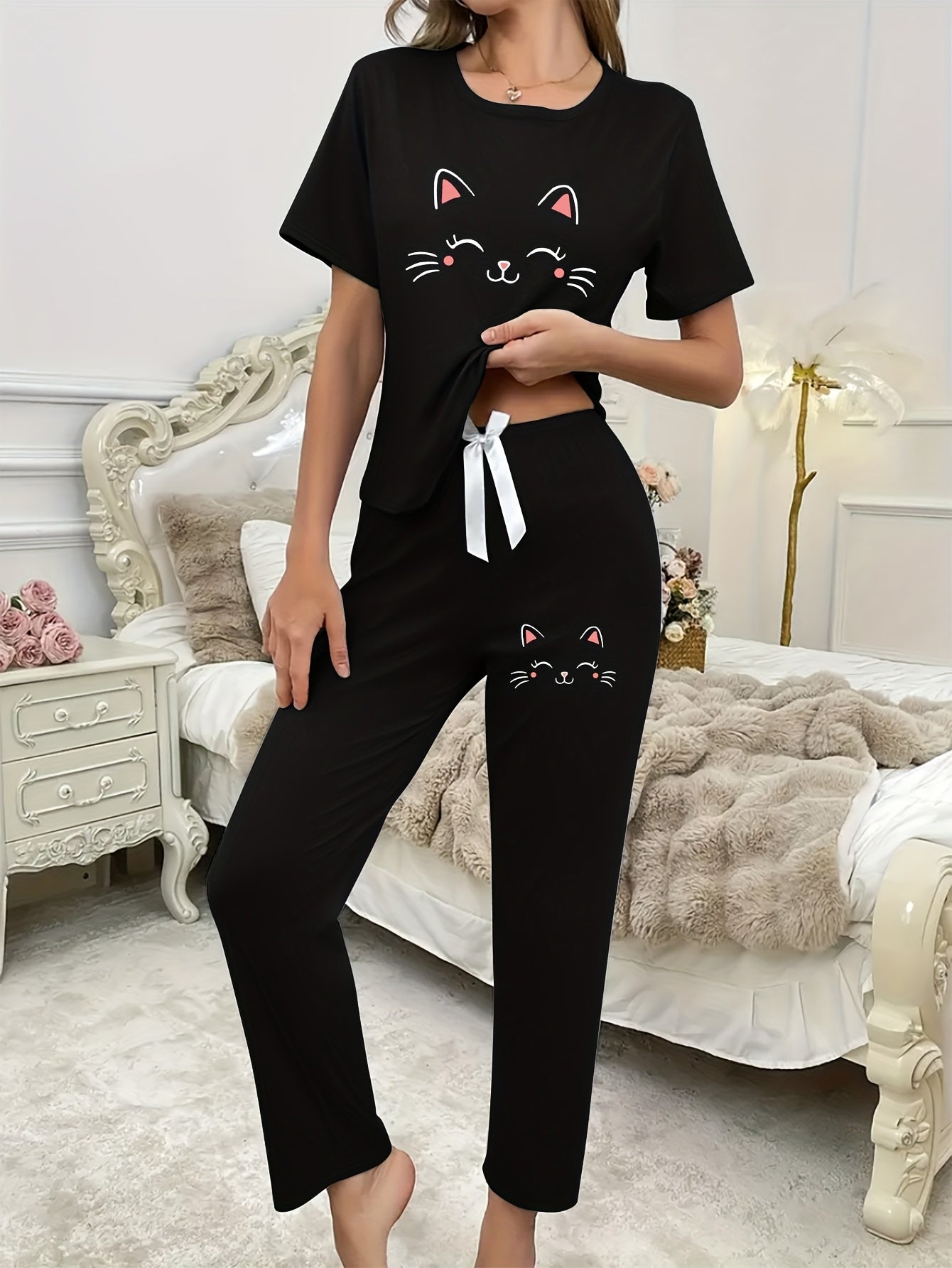 3pcs Cartoon joyful Cat Print Pajama Set for Women, Short Sleeve Top and Long Pants Shorts, Casual Comfortable Home Wear