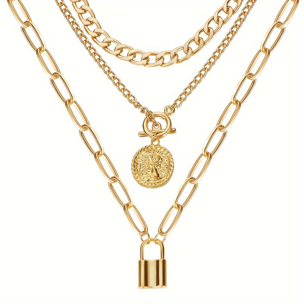 3pcs Vintage Golden Coin Pendant Necklace Set, Simple Alloy Cuban Chain, Women'S Fashion Jewelry for Banquet and Music Festival, Versatile Layering Accessory - All Seasons Compatible