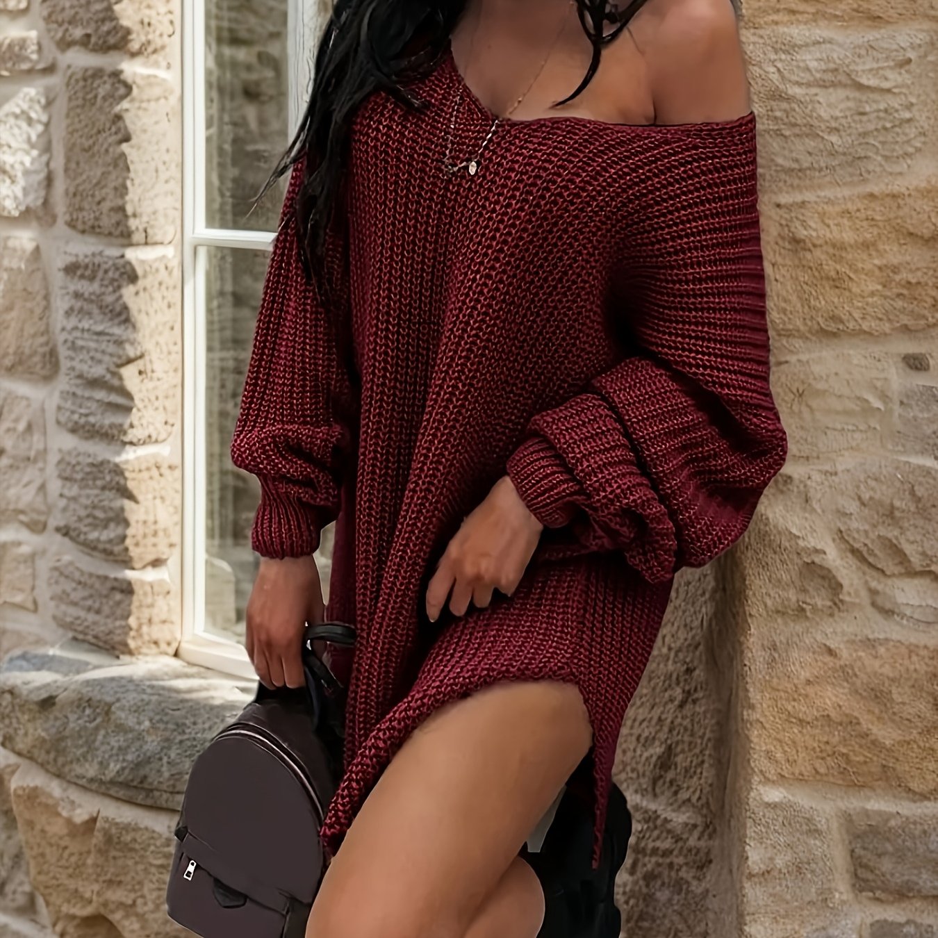 Women's Elegant Sexy Knitted Dress Loose Long Pullover Drop Shoulder Pullover Suitable for Spring And Autumn