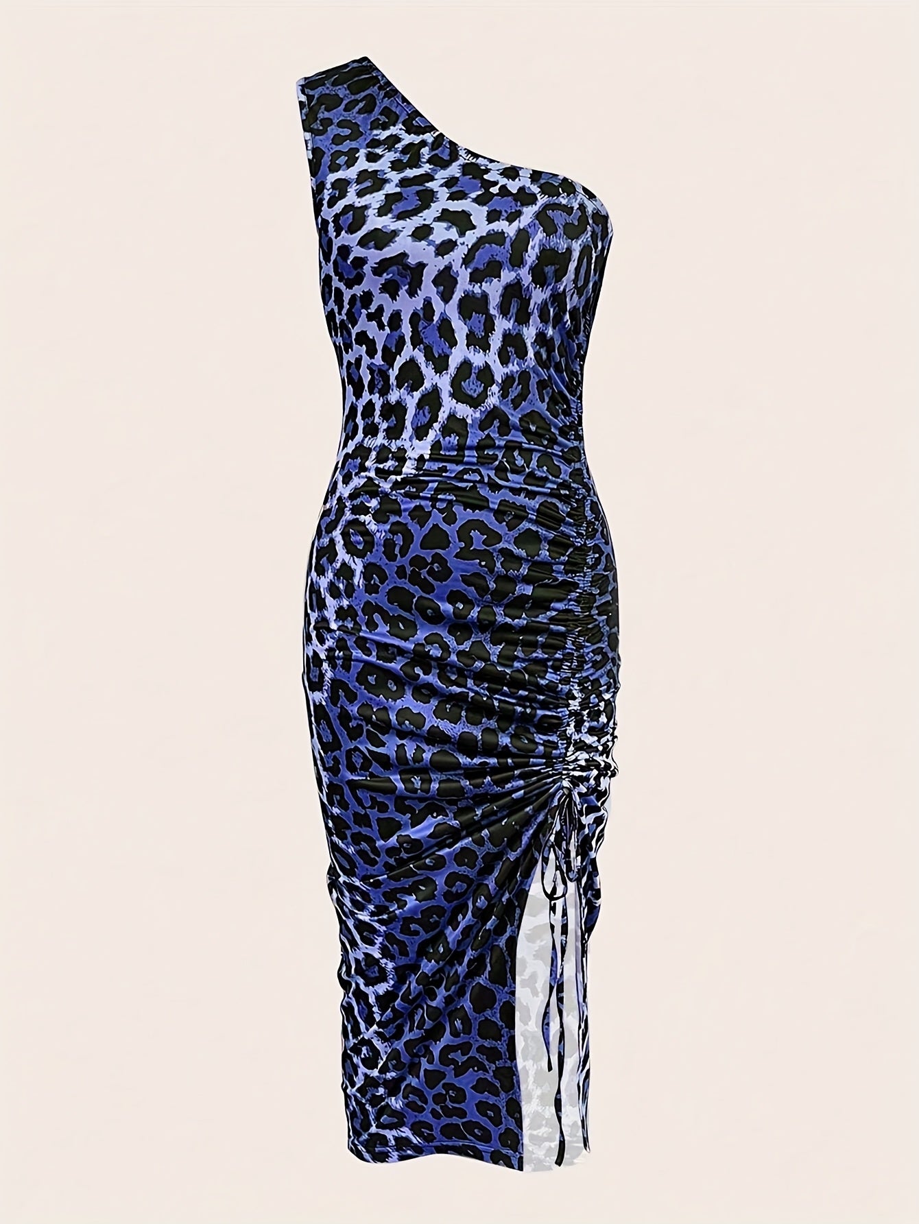 Women's Sexy One-Shoulder Leopard Print Bodycon Dress with High Thigh Slit - Mid-Length Ruched Detailing & Drawstring Waist, Machine Washable All-Season Clubwear or Casual Outfit, Party Attire | Formfitting Silhouette