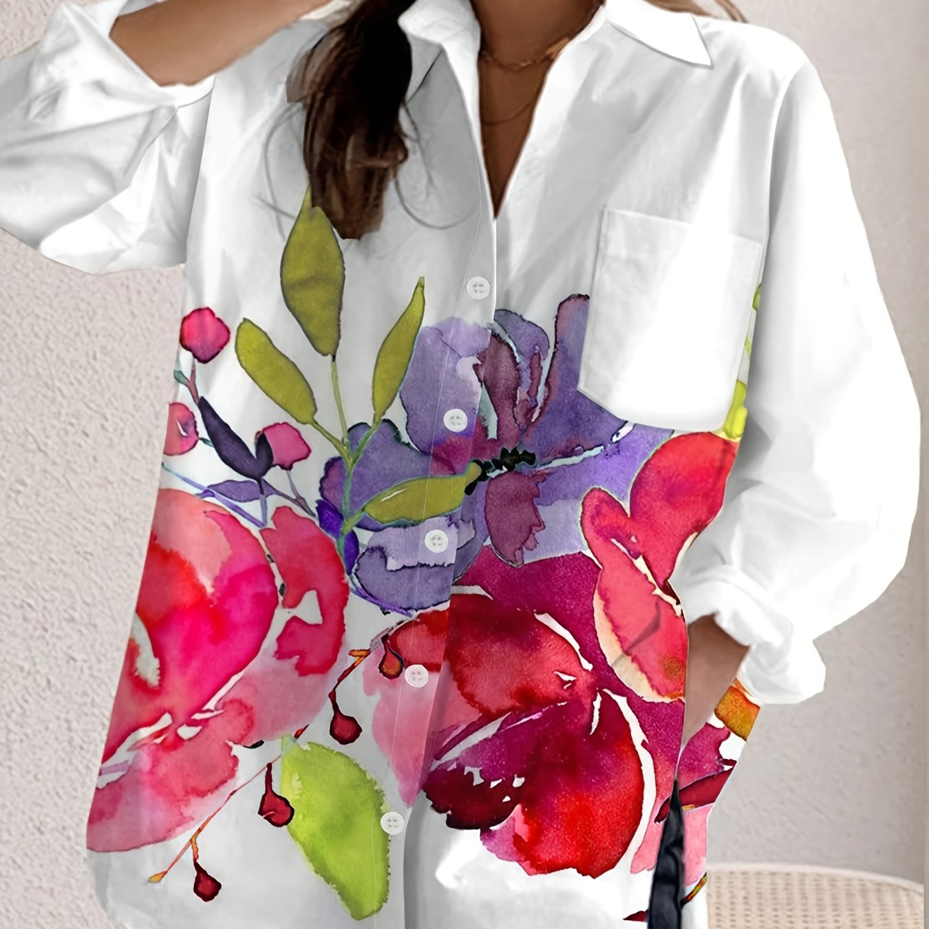 New Women'S Casual Ink Painting Printed Button-Up Long Sleeve Shirt