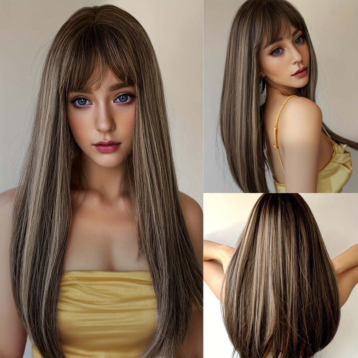 Long Natural Straight Dark Brown Wig, Blunt Bangs, Synthetic Fibers, Perfect For Daily Wear, Rose Net, 24 Inch