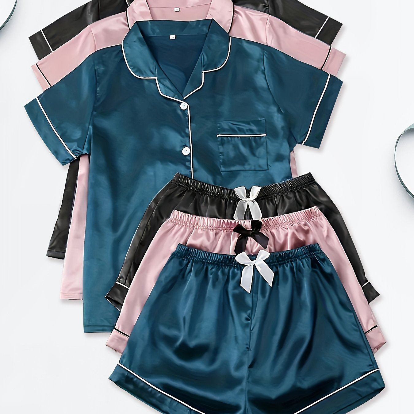 3-Piece Women's Satin Pajama Sets – Short Sleeve Lapel Top & Elastic Waist Shorts, Soft Loungewear Sleepwear Set