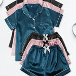 3-Piece Women's Satin Pajama Sets – Short Sleeve Lapel Top & Elastic Waist Shorts, Soft Loungewear Sleepwear Set