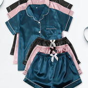 3-Piece Women's Satin Pajama Sets – Short Sleeve Lapel Top & Elastic Waist Shorts, Soft Loungewear Sleepwear Set