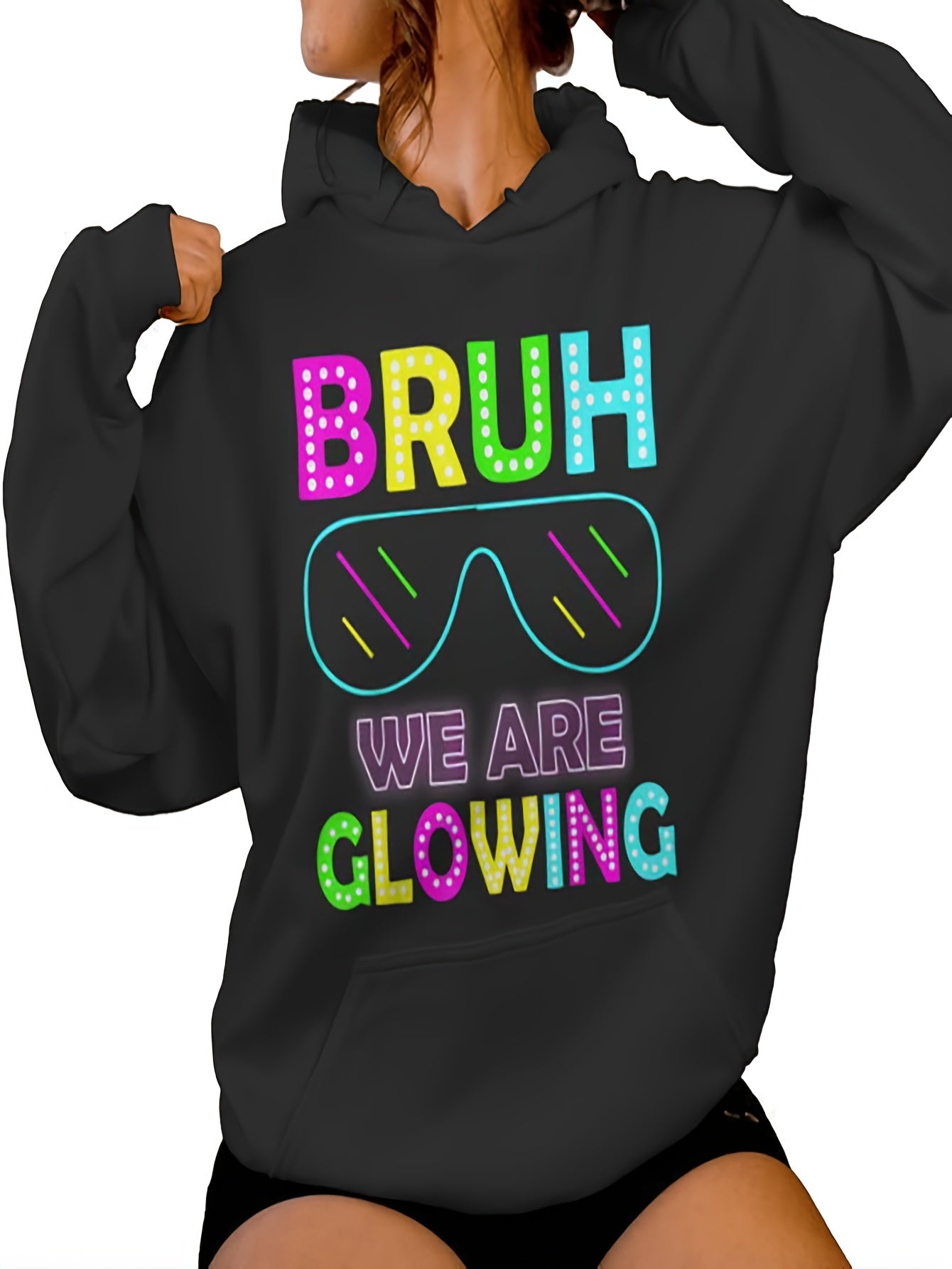 Women's Casual Hoodie with Neon "BRUH WE ARE GLOWING" Graphic & Fashion Glasses Design - Cozy Fleece Pullover, Relaxed Fit, Machine Washable, Autumn Winter Casual Attire, Ideal Gift, Durable Fabric