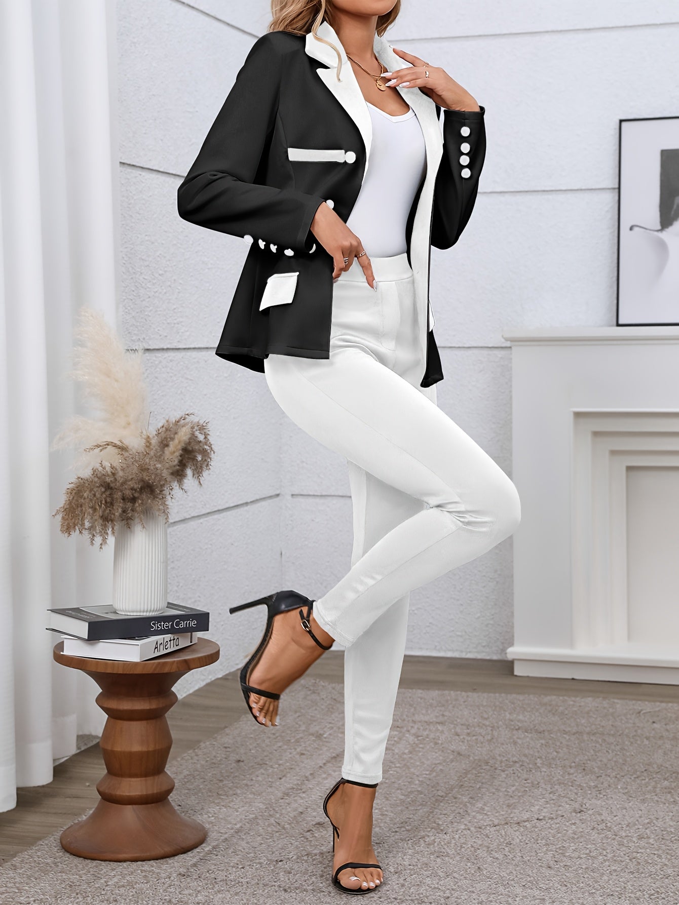 two-piece Color Block Blazer & Straight Leg Pant Set for Women, Casual Button-Front Blazer & Pants Outfit