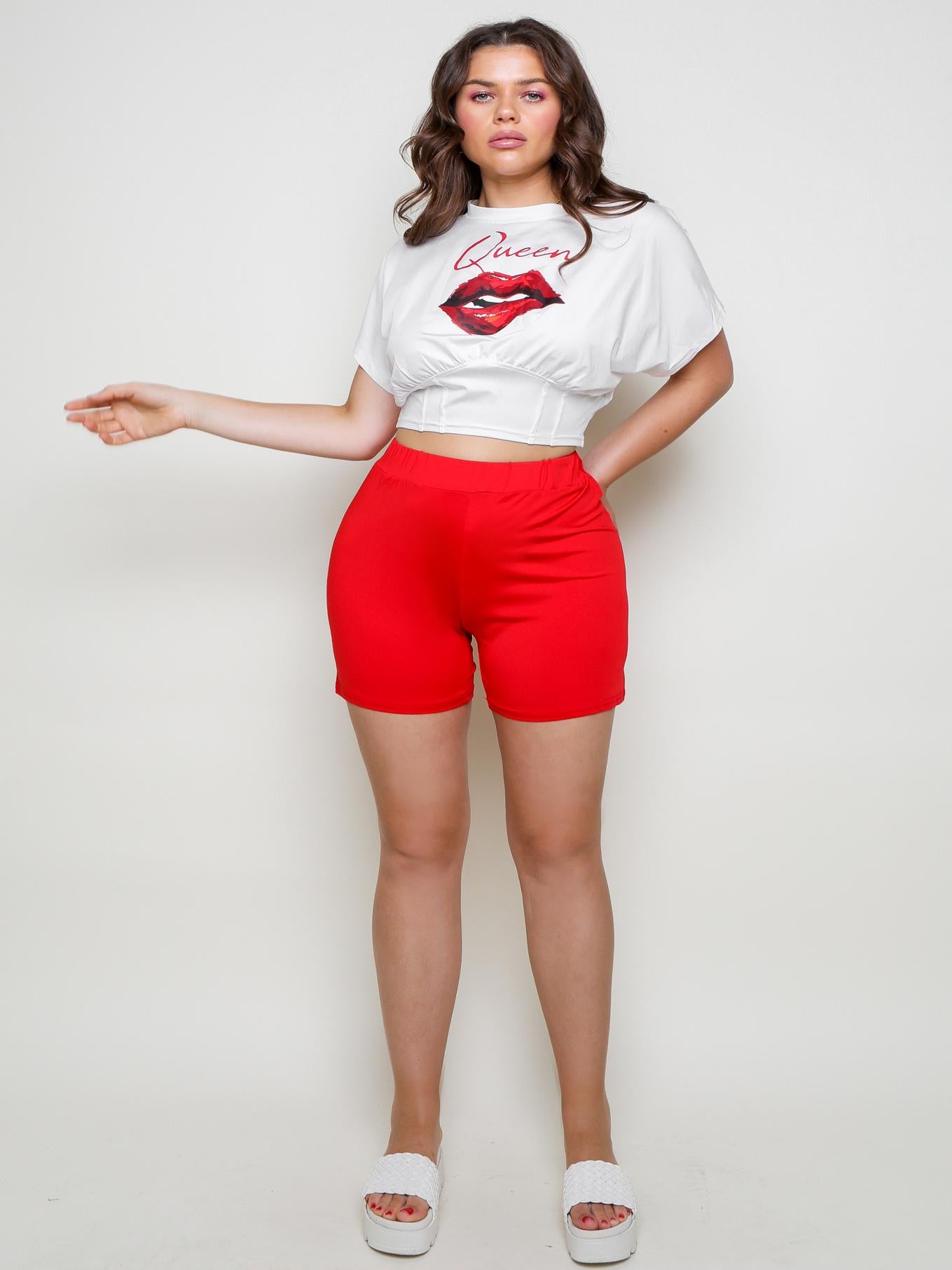 LIP LETTER PRINT CORSET DESIGN CROP TOP SHORTS SET
