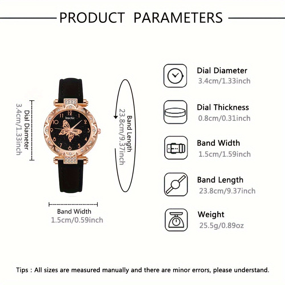 6pcs/set Black Round Quartz Watch PU Leather Strap Zinc Alloy Pointer Zinc Alloy Case And Butterfly Charm Bracelet Necklace Earrings Ring Gift For Women, Valentine's Day, Eid Al-Adha, Birthday, Friendship