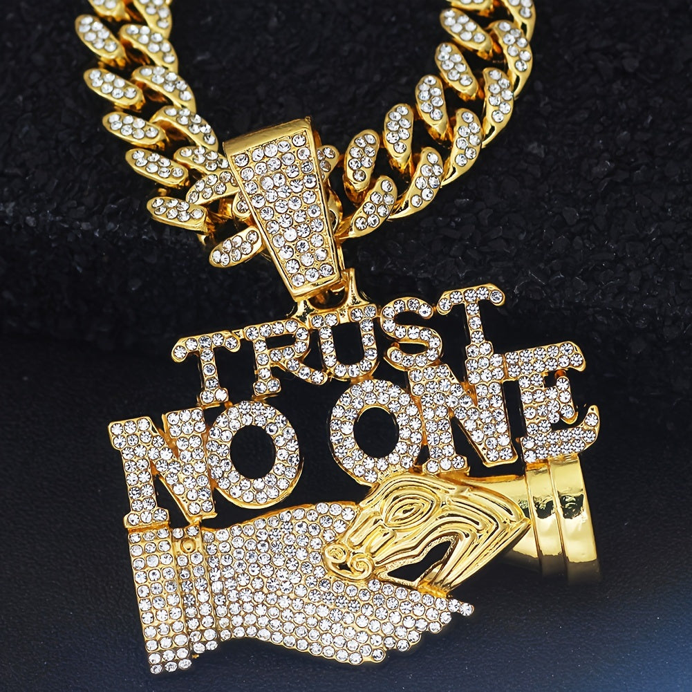 1pc Trust No One Pendant Necklace for Men & Women - Edgy Hip-Hop Cuban Link Chain with Rhinestone Accents, Bold Statement Jewelry Gift for Birthdays, Father's Day, Mother's Day, Statement Necklace | Luxury Pendant | Highquali