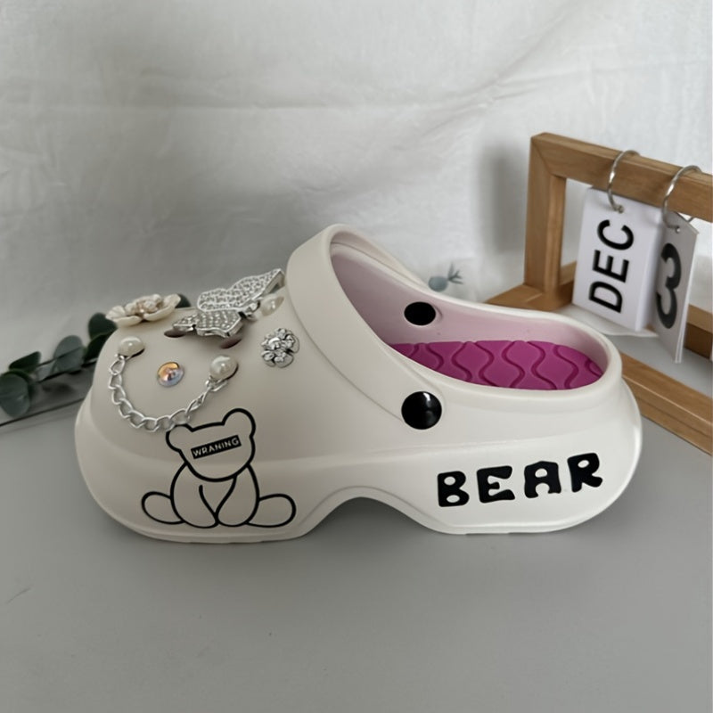 [Women's Cartoon Bear Mules Clogs] Casual Cartoon Bear Pattern Mules & Clogs for Women, Breathable EVA Platform Heel Clogs with Bow Embellishment, Versatile Indoor/Outdoor Fashion Footwear - Quanzhou Manufactured