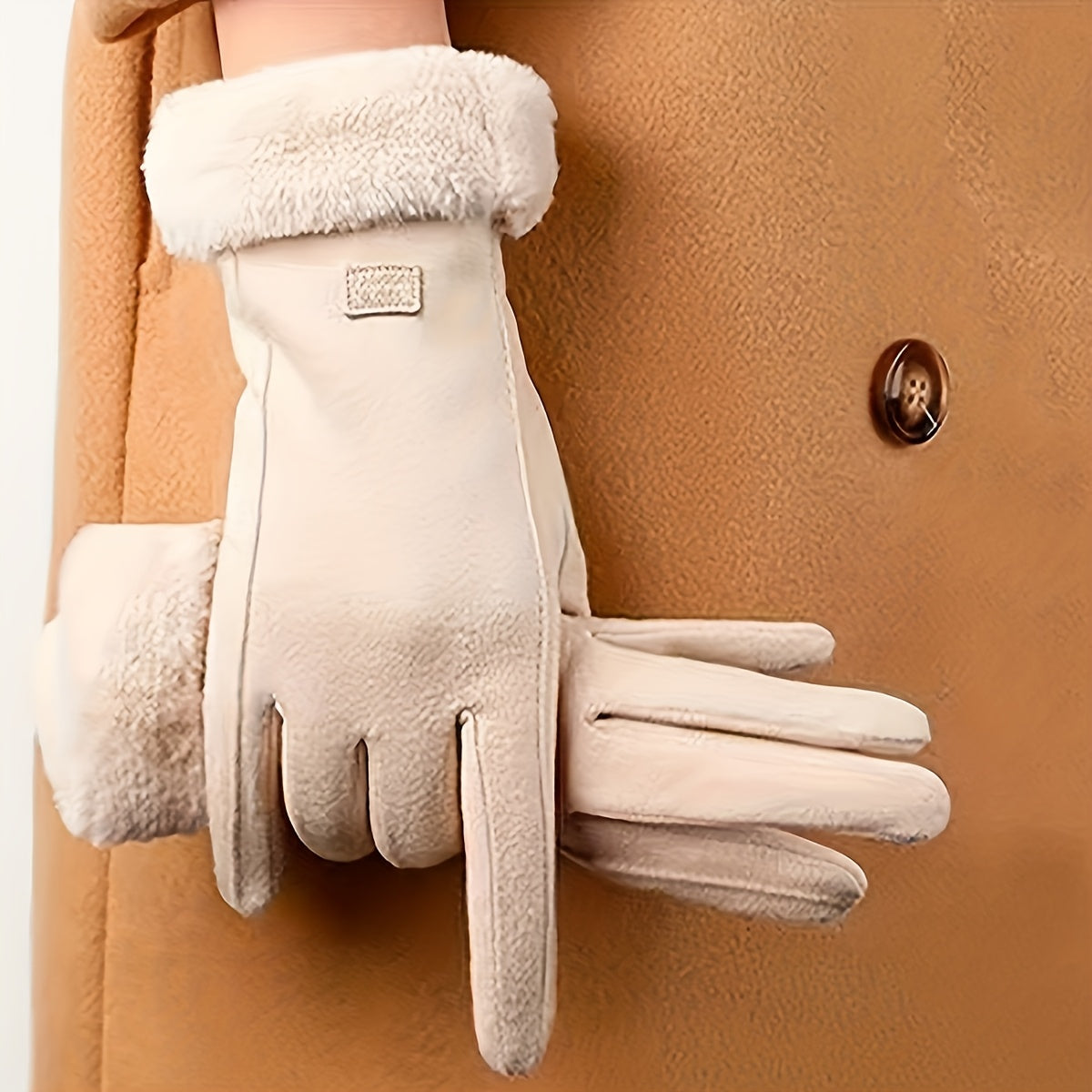 Women'S Beige Touchscreen Gloves - Thick Warm Plush Lined Full Finger Mittens for Winter, Knitted Polyester, Non-Stretch, Hand Washable, Ideal for Going Out