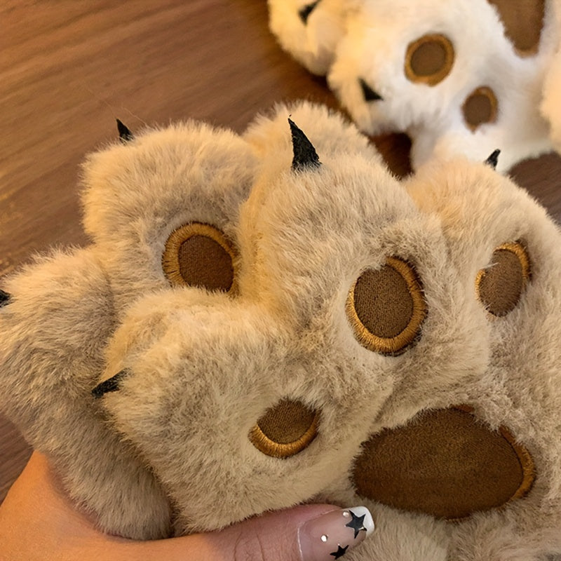 Cozy Cat Paw Plush Mittens - Ultra-Warm, Windproof Thick Fleece Gloves with Cute Animal Design for Cycling, Skiing & Outdoor Activities, White with Brown Accents