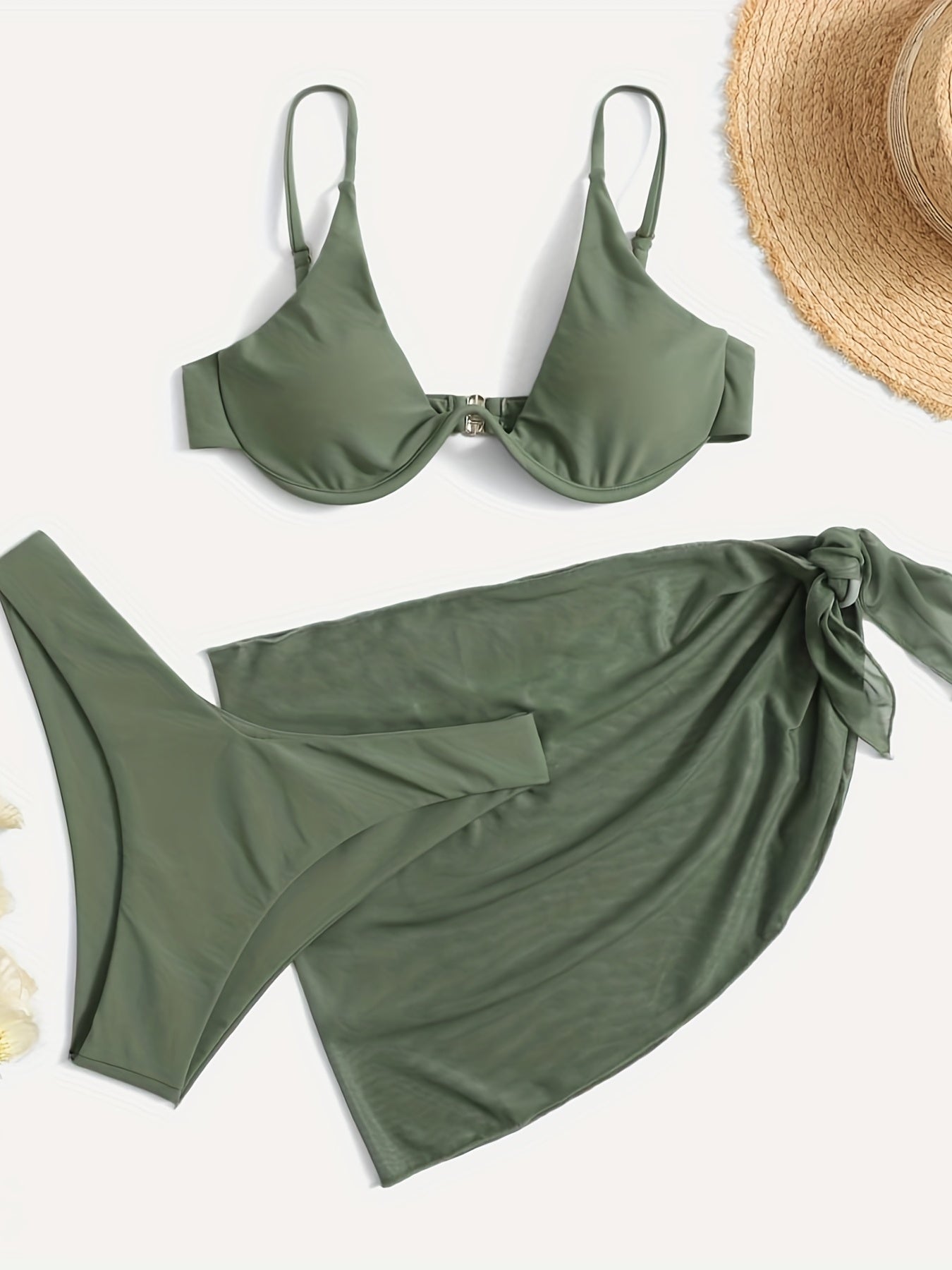 3 Piece Set Deep V Neck Stretchy Wrap Solid Color Spaghetti Strap Bikini With Mesh Tie Side Cover Up, Women's Swimwear & Clothing