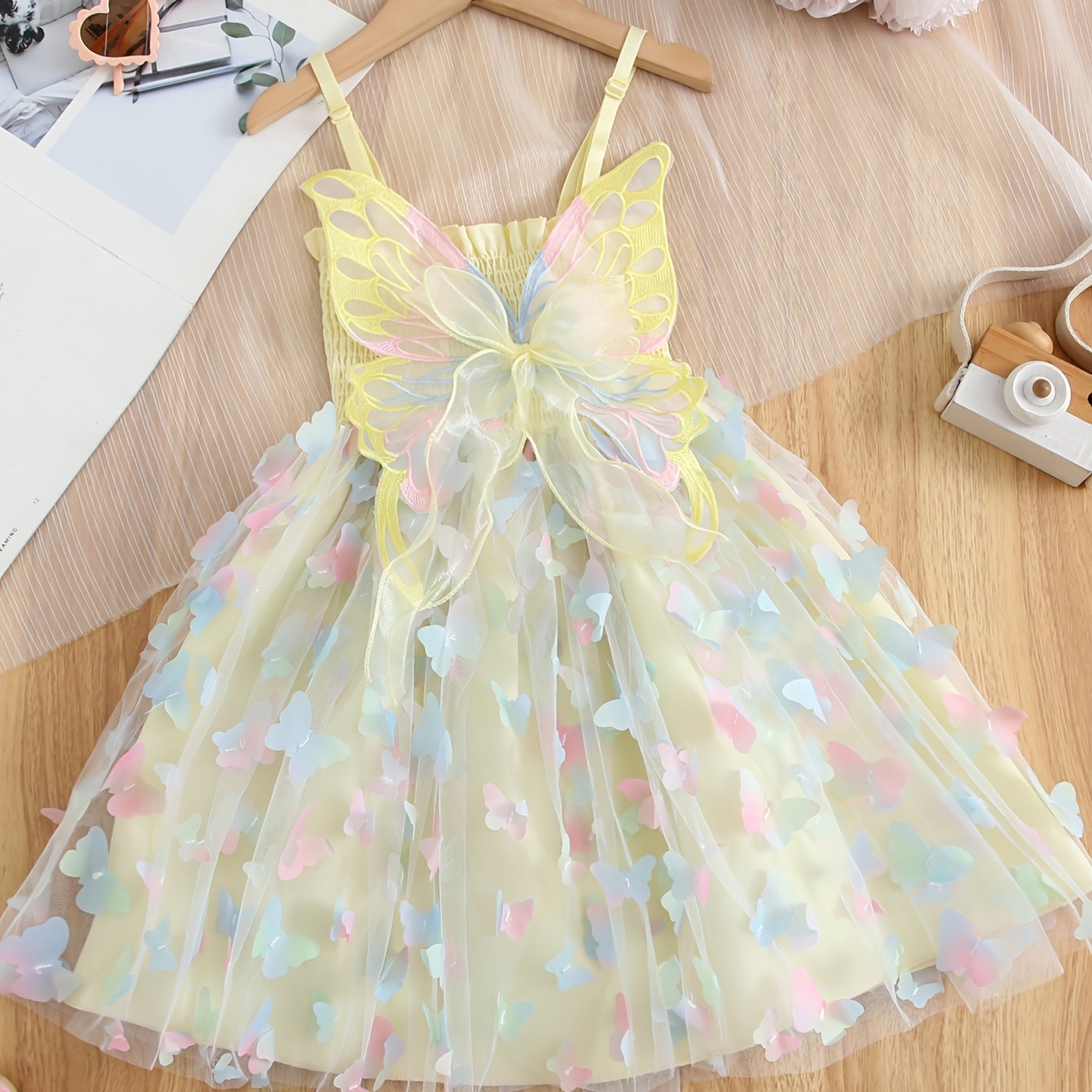 Enchanting Rainbow Butterfly Princess Dress for Girls - Elegant Sleeveless Mesh Tutu with Bow Detail, Perfect for Parties & Birthdays