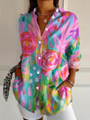 Vibrant Floral Print Women's Button-Up Shirt - Long Sleeve, Collared, Lightweight Spring/Summer Blouse in Pink, Blue, Yellow & Green, Ladies Blouses
