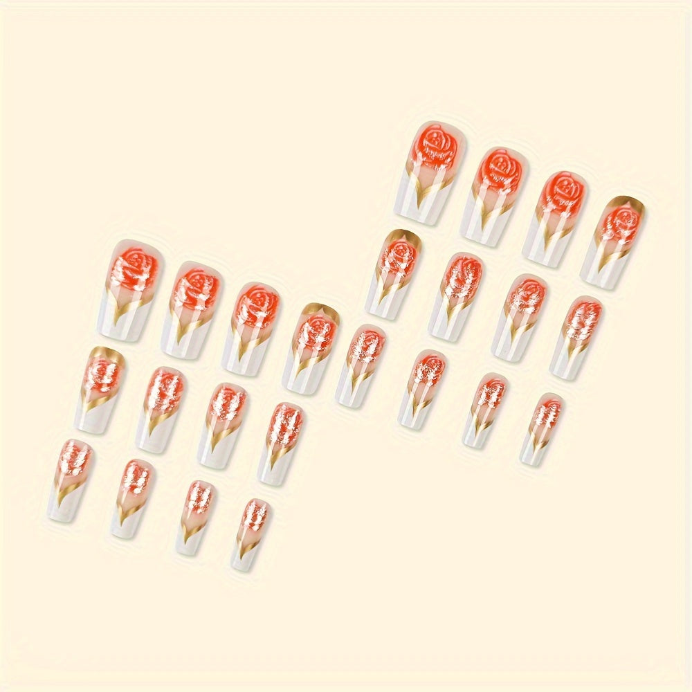 48pcs Bright Ballet Wind Pressure Acrylic Nails, Pink Flowers And Golden Stripe Design-Reusable, Ladies' Shiny Fake Nails Is Suitable As a Beautiful Gift for Each Other on Valentine'S Day.