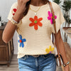 Women'S Elegant Viscose Floral Top - Colorful 3D Crochet Design, Short Sleeve, Round Neck, Casual Summer Blouse with Floral Embroidery, Casual Summer Top|Floral Embroidery Top|Viscose Fabric