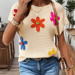 Women'S Elegant Viscose Floral Top - Colorful 3D Crochet Design, Short Sleeve, Round Neck, Casual Summer Blouse with Floral Embroidery, Casual Summer Top|Floral Embroidery Top|Viscose Fabric