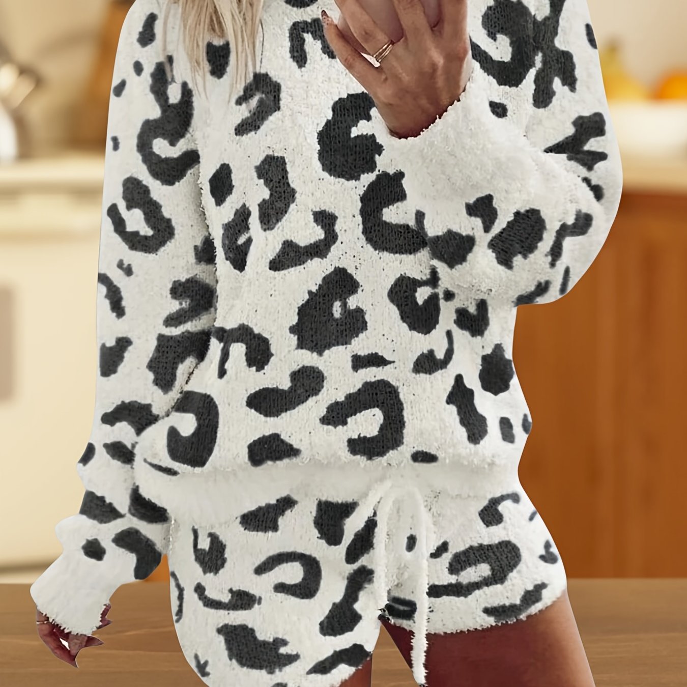 Autumn And Winter Directional Ultra-Soft Round Neck Leopard Print Sweater + Shorts Set