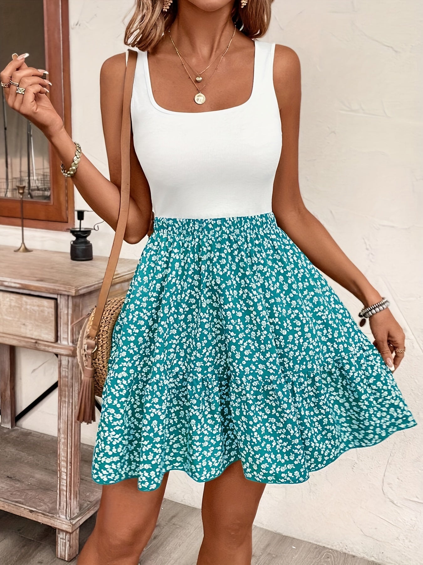 Elegant French-Inspired Floral Tank Dress for Women - High Stretch, Machine Washable, Perfect for Summer Vacations