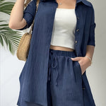 Women's Elegant and Fashionable Casual Two-Piece Set in Solid Color with Short-Sleeved Cardigan and Shorts, Perfect Choice for Spring and Summer