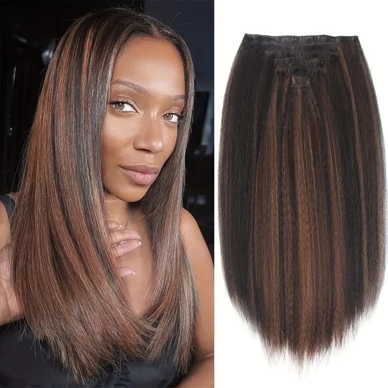 Kinky Straight Clip In Wig Extensions Full Head Yaki Straight Clips In For Women Synthetic Wig 7Pcs Wig Accessories