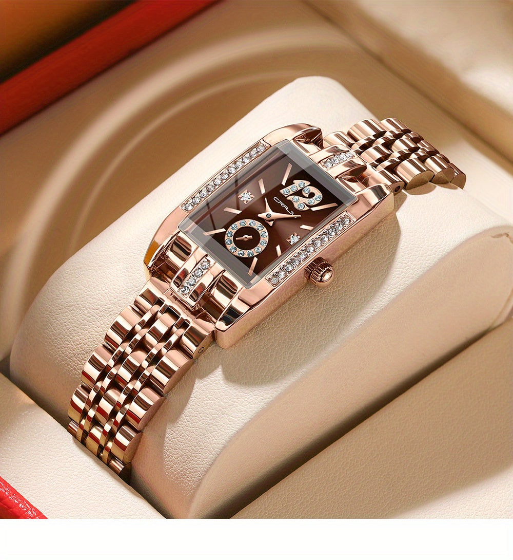 Stainless Steel Women's Luxury Watch, Elegant Rectangle Pointer Analog Quartz Rhinestone WR Wrist Watch