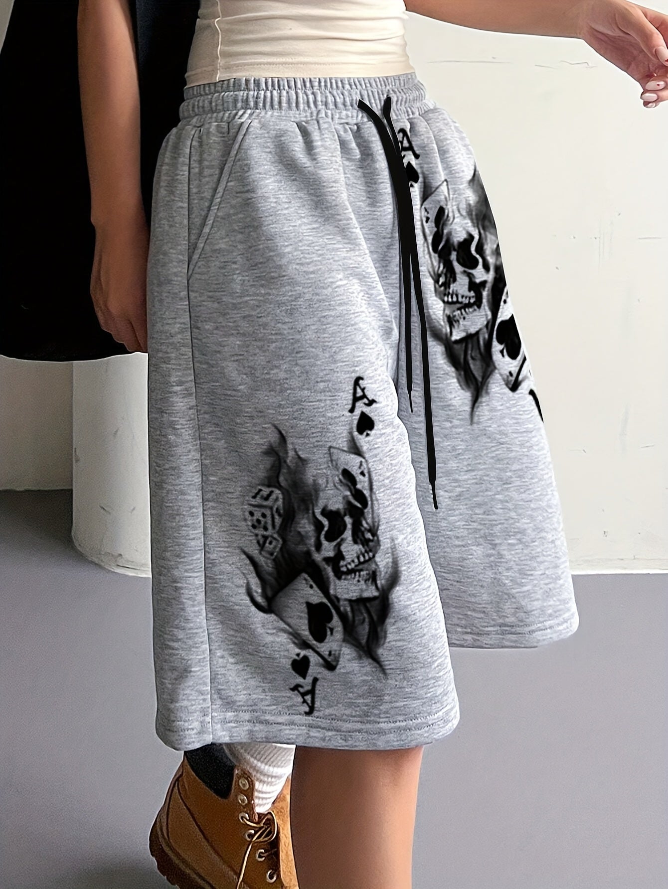 Women's Stylish Skull Print Drawstring Shorts - Light Gray Casual Knit Mid-Thigh Length with Elastic Waistband, Perfect for Spring/Summer/Fall, Cute Shorts