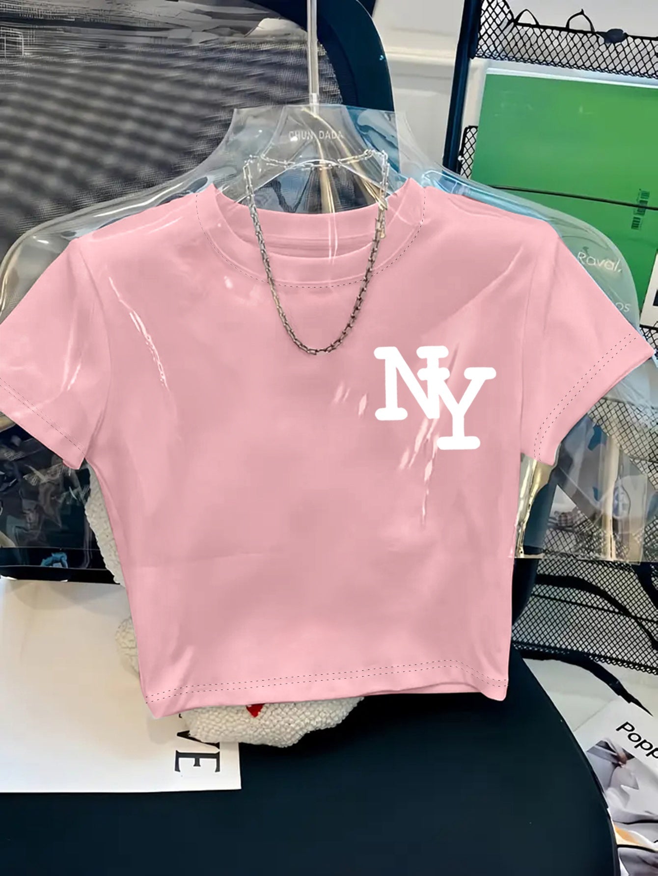 Women's Y2K Style NY Monogram Graphic T-Shirt - Soft Stretchy Polyester Blend, Oversized Cropped Fit, Machine Washable Spring/Summer Casual Top