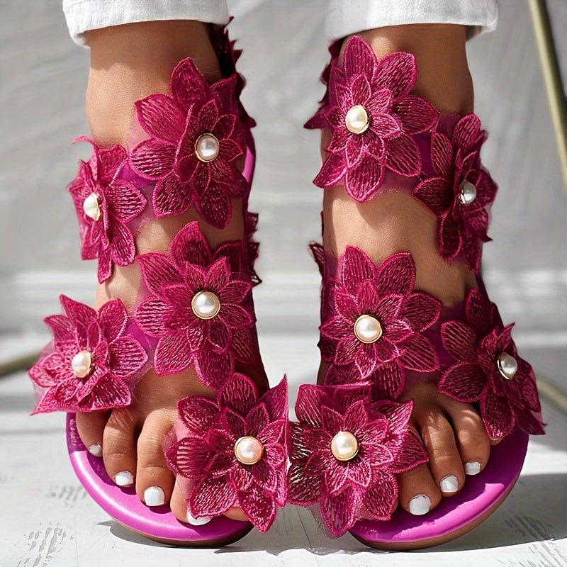 Faux Pearl Women's Flowers Flat Sandals, Fashion Toe Loop Casual Beach Travel Slip On Shoes