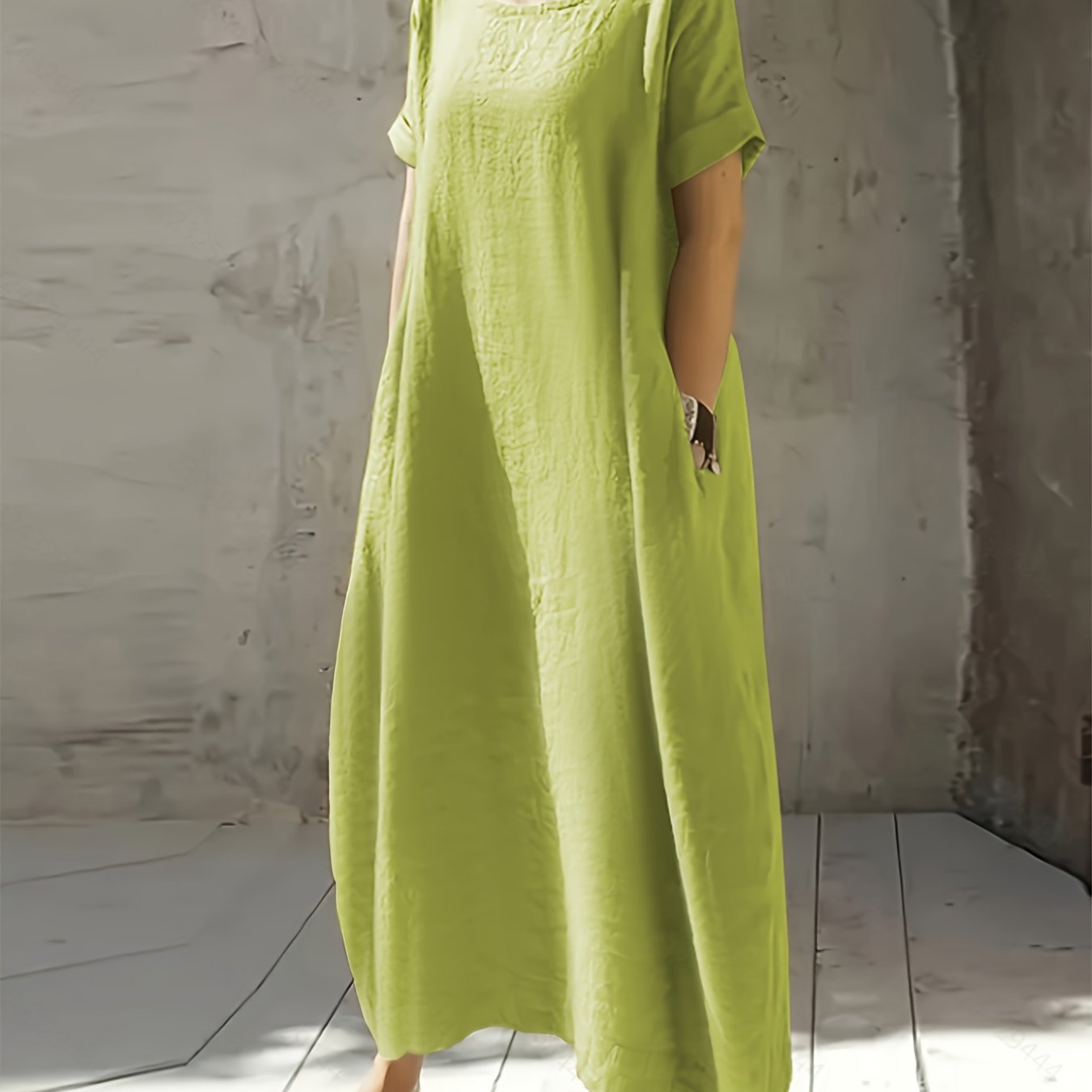 Women's New Summer Round Neck Short Sleeve Loose Dress with Pocket, Elegant and Pure Color Mid-Long Casual Skirt