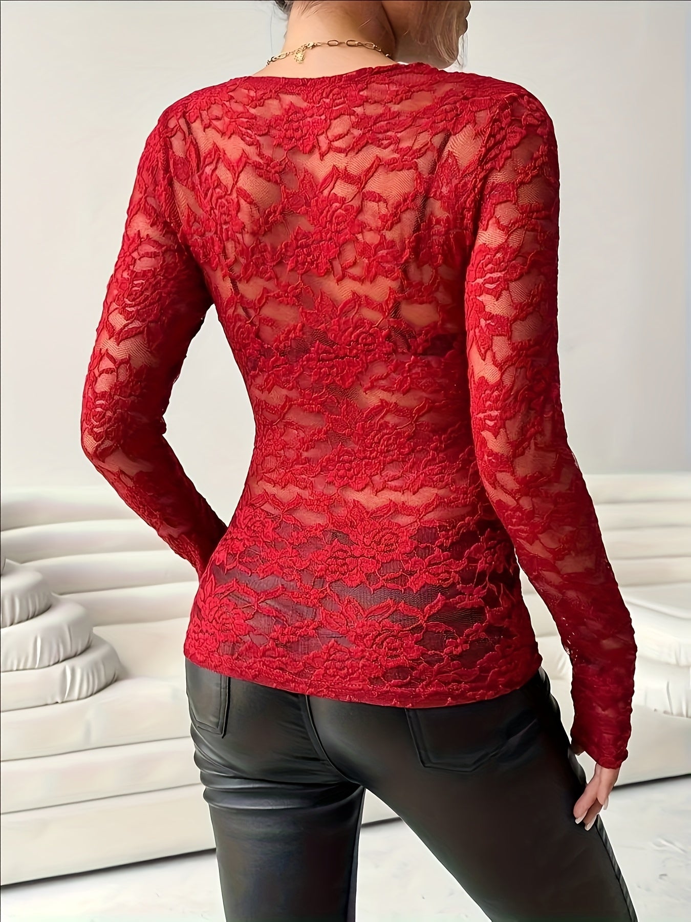 Chic & Sexy Lace V-Neck T-Shirt for Women - Sheer, Stretch Fabric, Perfect for All Seasons