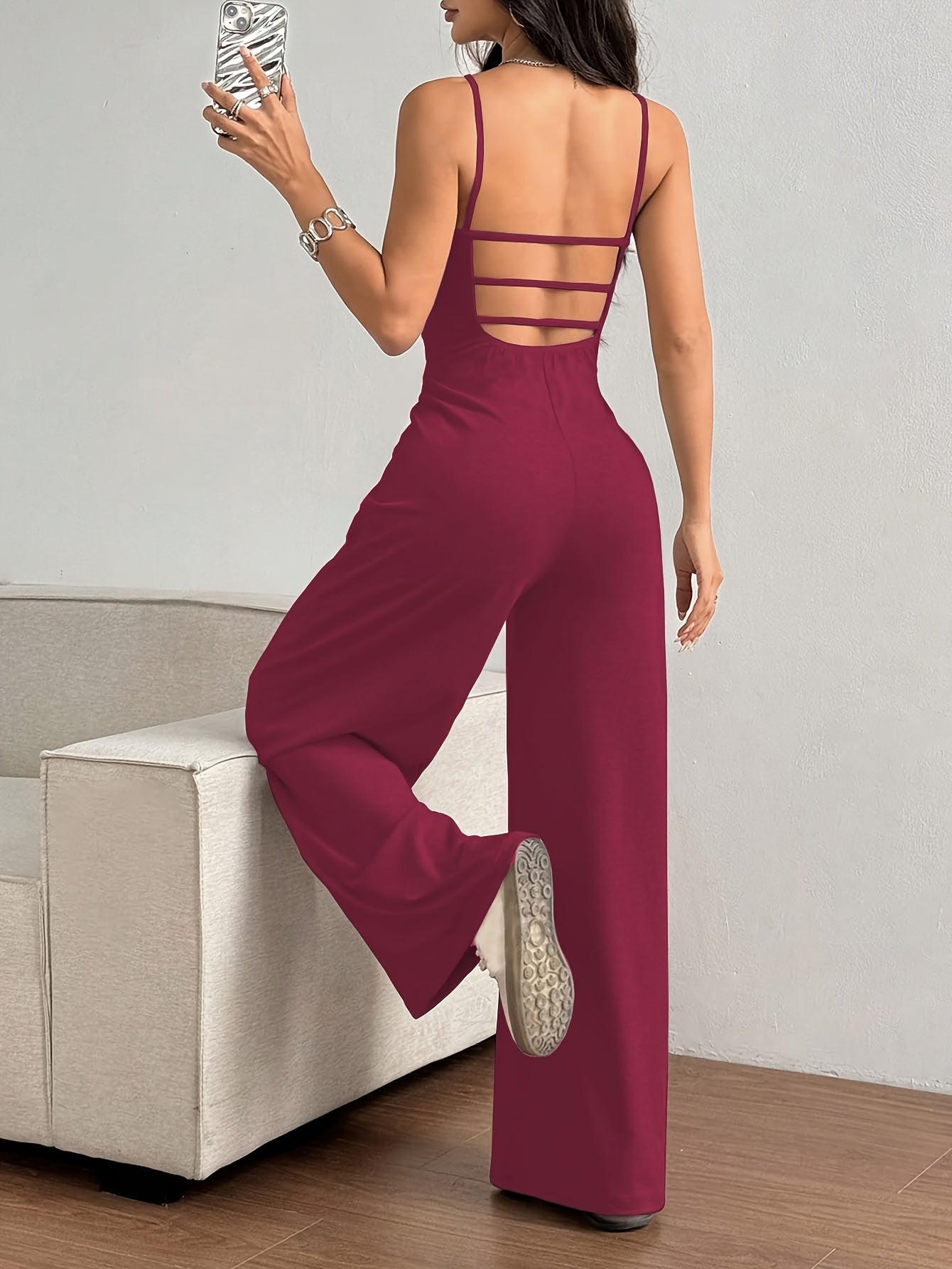 Women's Elegant Sleeveless Backless Jumpsuit - Soft Stretchy Straight-Leg Pants with Mid-Thigh Slant Pockets, Machine Washable Spring/Summer Casual to Party Wear for Beach Outings & Formal Events, Summer Outfit | Comfortable