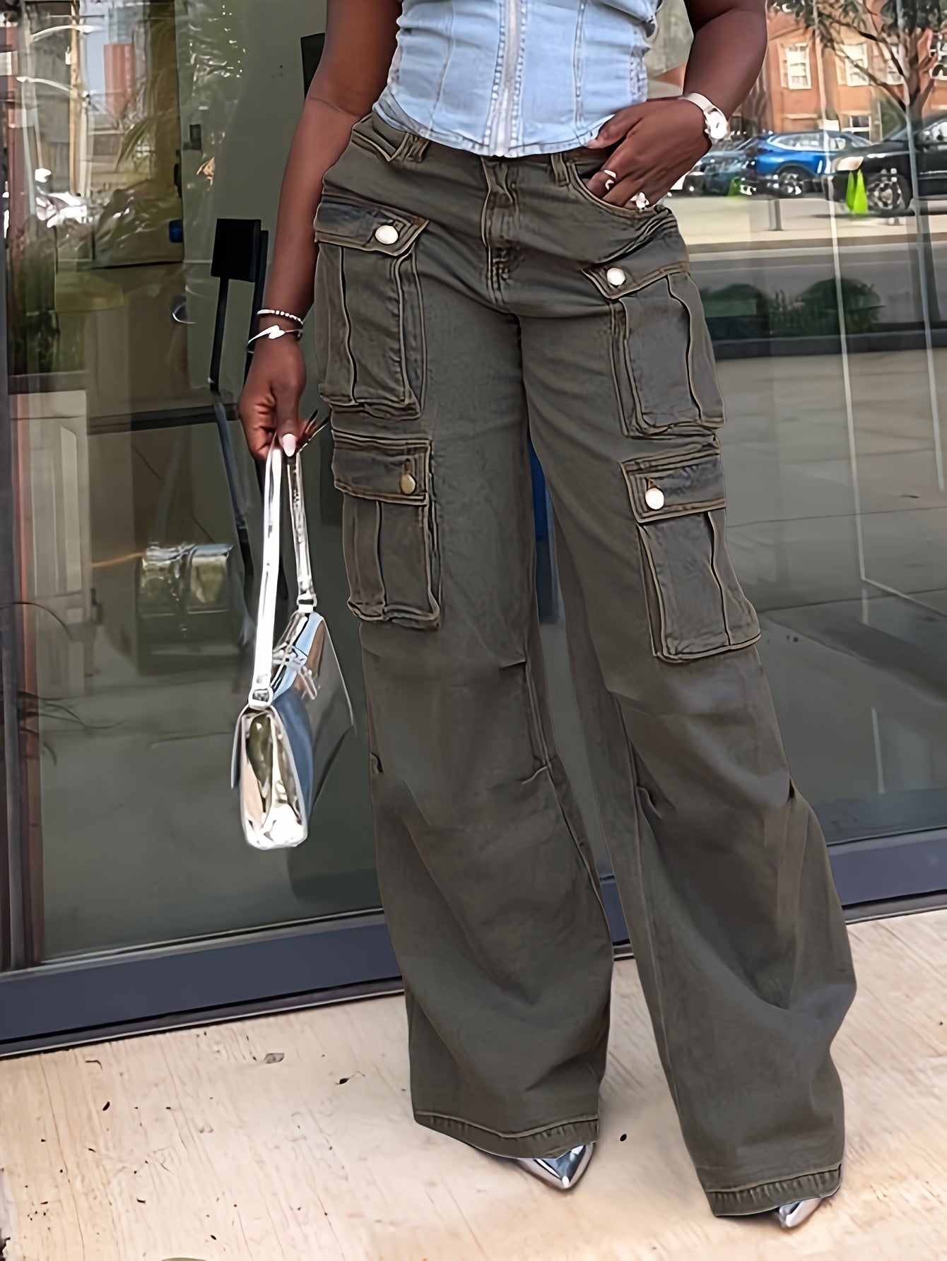Ladies' Fashionable Retro Y2K Work Pants, High Waist Loose Wide Legs, Pockets, Comfortable Casual Style, Street Fashion Denim Pants