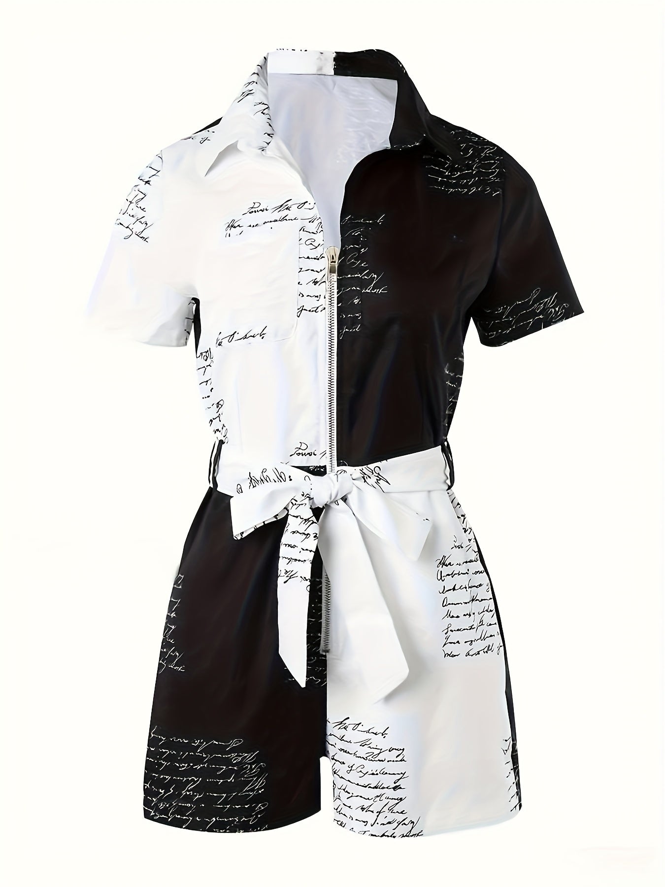 New Summer Fashion Street Style Short-Sleeve Color-Blocked Jumpsuit for Women with a Belt And Zipper.