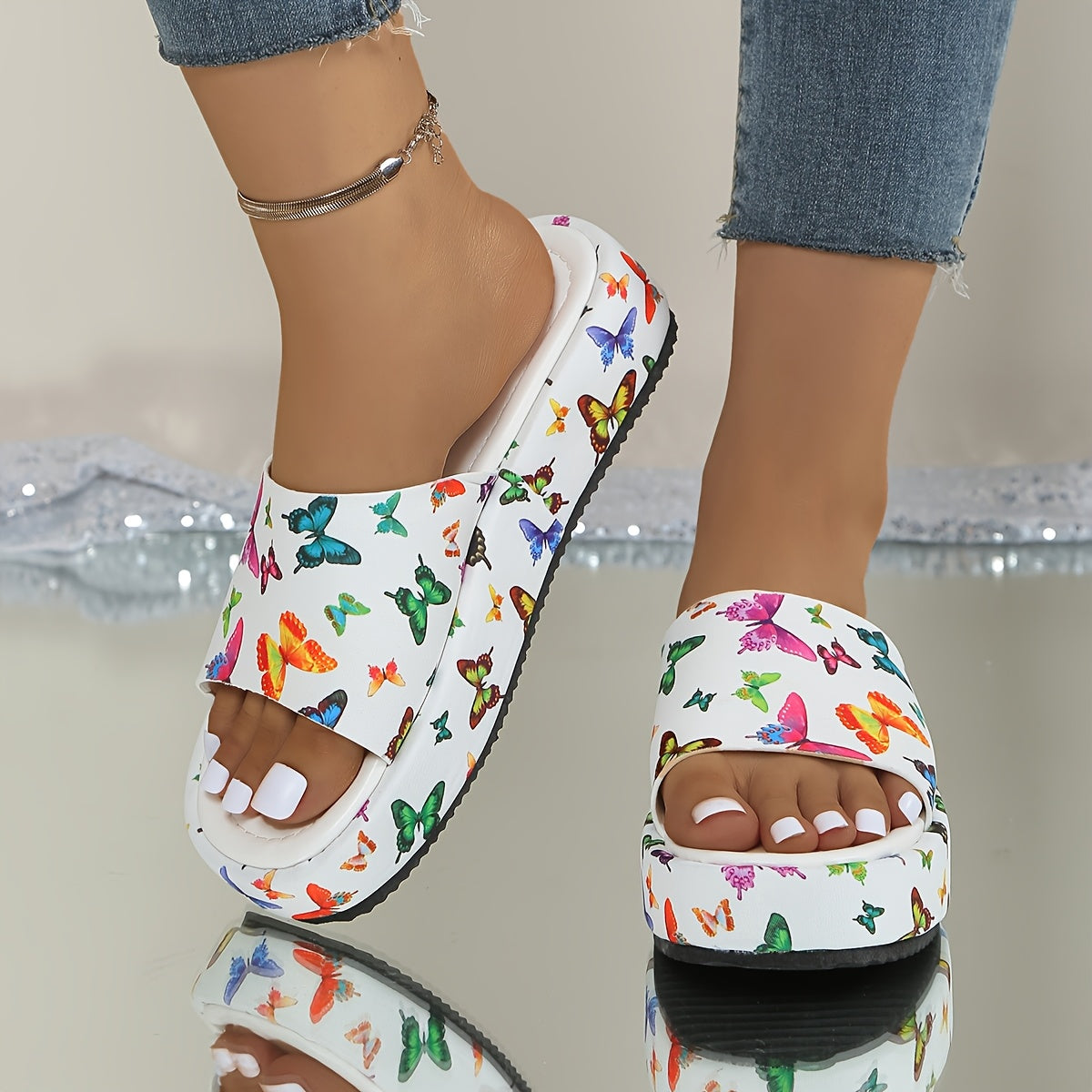 Women'S Fashionable Summer Platform Sandals with Butterfly Print - Slip-On, Open Toe, Rubber Sole, Synthetic Insole, All-Season Comfort, Casual Footwear | Vibrant Sandals | Comfortable Footwear