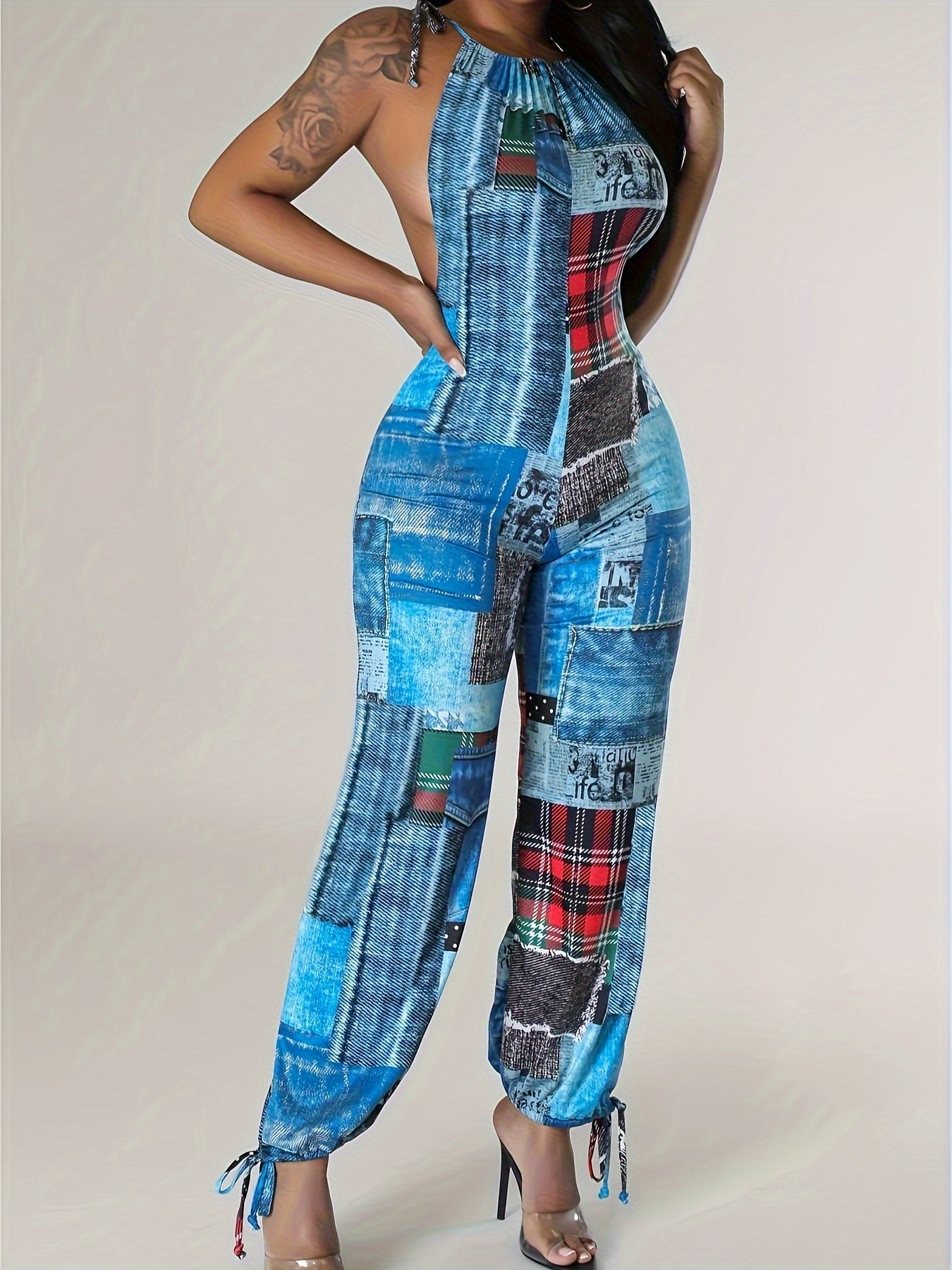 Patchwork Print Faux Denim Print Jumpsuit, Casual Sleeveless Tie Strap Drawstring Jogger Jumpsuit For Spring & Summer, Women's Clothing