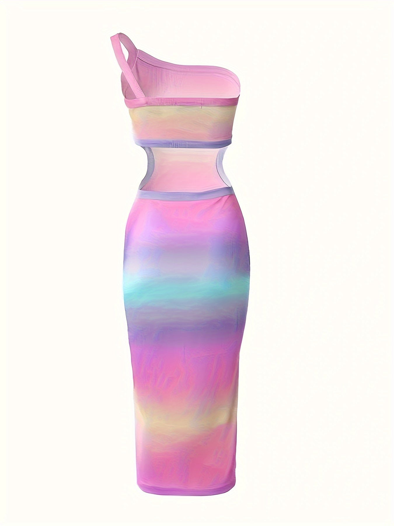 Ombre One Shoulder Ribbed Knit Dress, Sexy Hollow Bodycon Dress For Spring & Summer, Women's Clothing