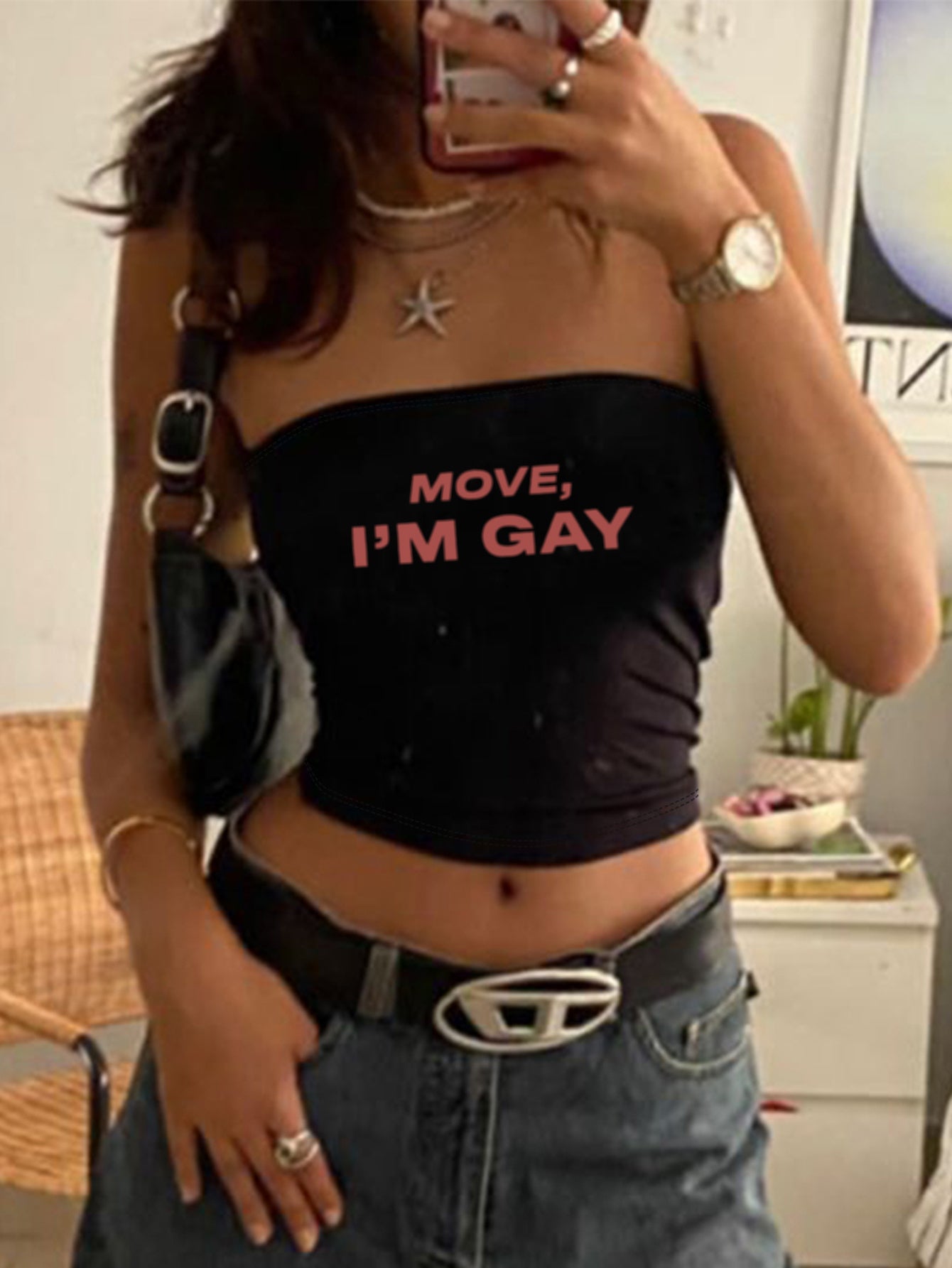 Y2K-Inspired "Move, I'm Gay" Letter Print Women'S Tube Top - Chic & Bold Black, Casual Summer Essential for Pride, Everyday Fashion|Bold Lettering Top|StringBack Closure
