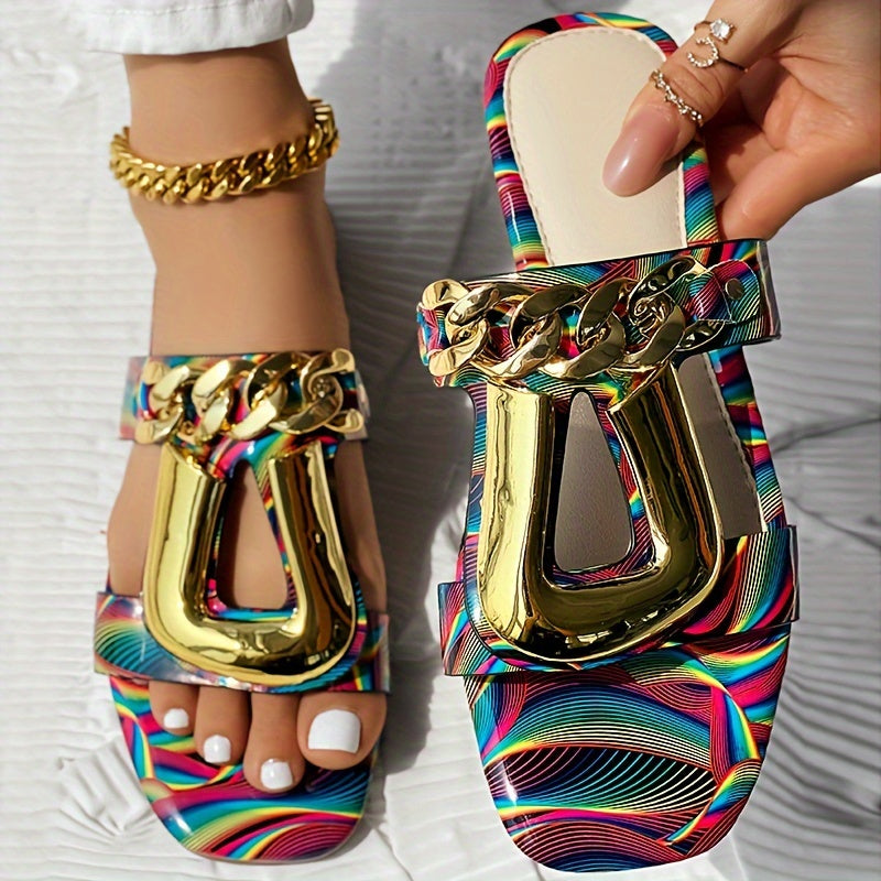 Women's Metal Chain Decor Flat Slides, Square Open Toe Non Slip Slide Sandals, Outdoor Versatile Slides